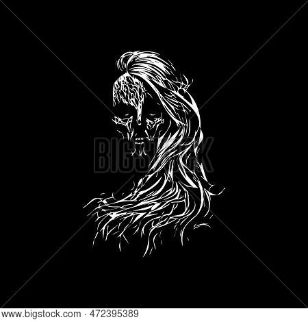 Woman Sugar Skull Dotwork Tattoo With Dots Shading, Tippling Tattoo. Hand Drawing Face Portrait Whit