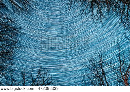 Amazing Unusual Stars Effects In Sky. Abstract Star Lines Move In Sky.spin Trails Of Stars Above Tre
