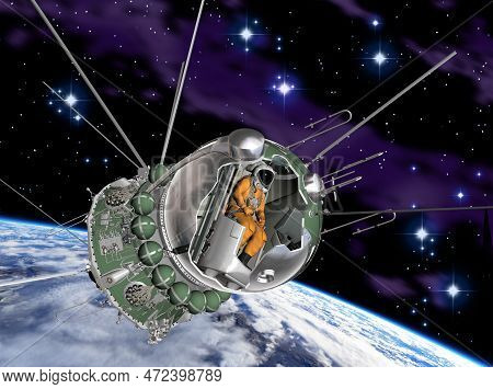 Spaceship Cutaway Vostok1 At The Earth Orbit. 3d Rendering Background. 3d Illustration
