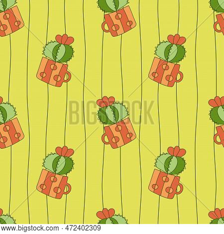 Cute Blossom Cactus In Ceramic Mug On Wavy Vertical Lines Background Seamless Pattern. Color Doodle 