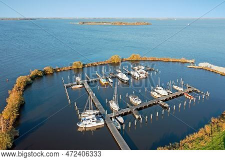Aerial From The Harbor From Oosterzee At Tjeukemeer In Friesland The Netherlands