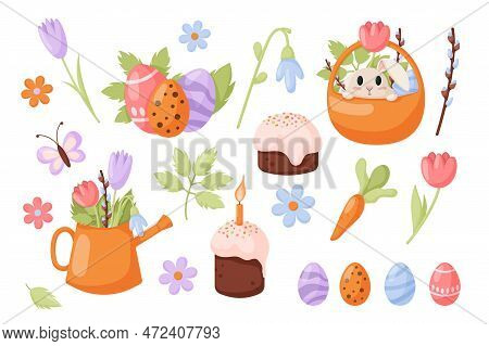 Spring Easter Collection Sticker. Happy Easter Day Stickers Colorful Collection With Cute Bunny, Egg