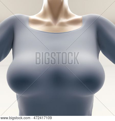 Female Breast, Big Tits. Female Torso, Beautiful Woman Or Girl Body In Tight Gray Thin Clothes. Vein