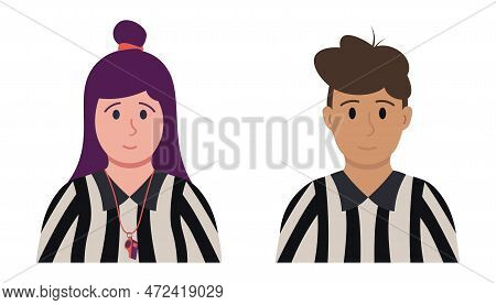 Portraits Of Arbitrators, Football Referee. Woman And Man Vector Illustration In Flat Style