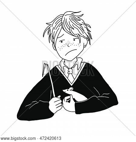 Ron With A Rat In Glasses With White Owl From The Books. Magic Vector Illustration In Cartoon Doodle