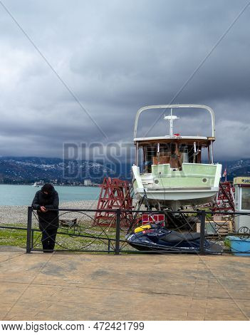 A Yacht Pulled Ashore. Ship Repair. Waiting For Navigation. Winter Season For Sailors.