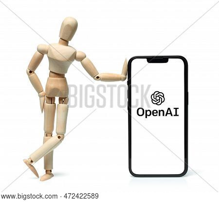 Kiev, Ukraine - March 08, 2023: Openai Logo On Phone Screen With Wooden Manikin. Openai Is A Non-pro