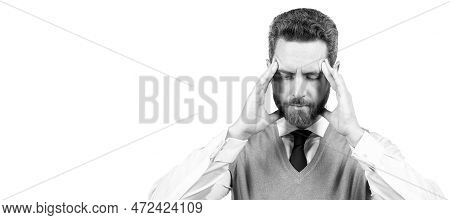 Man Face Portrait, Banner With Copy Space. Megraine. Suffering Businessman Isolated On White. Stress