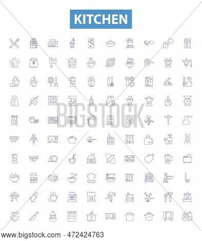Kitchen Line Icons, Signs Set. Cooking, Cuisine, Cabinets, Dishes, Utensils, Appliances, Stove, Oven
