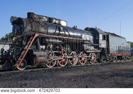 Sortavala, Russia - June 11, 2022: Sovestny Main Freight Steam Locomotive L-2055 (lebedyanka) Close-