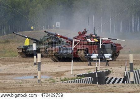 Moscow Region, Russia - August 19, 2022: Two T-72b3 Tanks On The Tank Biathlon Track. International 