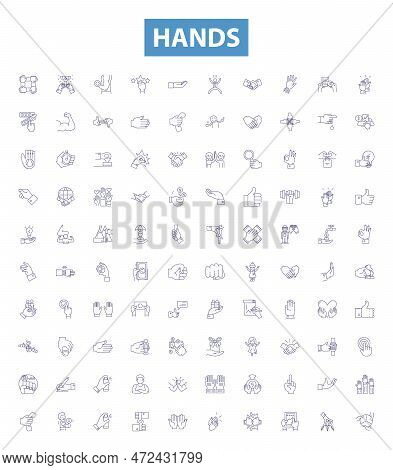 Hands Line Icons, Signs Set. Palms, Clenched, Reach, Squeeze, Shake, Grasp, Fingers, Gloves, Nails O