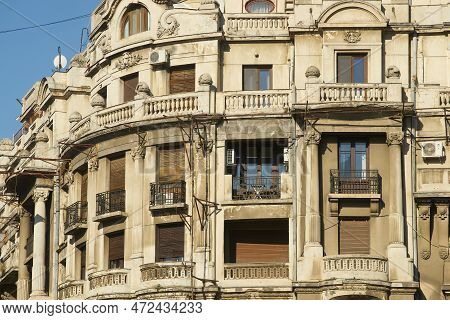 Bucharest, Romania - February 20, 2023: Adriatica-Trieste Palace, also known as First Adriatica Block, built approx. 1930 by the plans of architect Paul Smarandescu, collaboration with Petre Antonescu