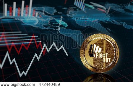 Fight Out Crypto Fght Cryptocurrency Golden Coin Over The Chart. Price Trend Graph With Growing And 