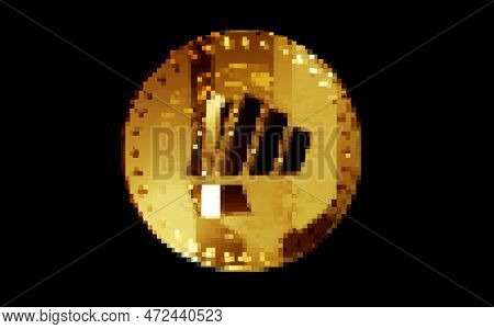 Fight Out Crypto Fght Cryptocurrency Gold Coin In Retro Pixel Mosaic 80s Style. Rotating Golden Meta