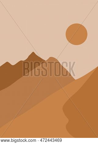 Abstract Contemporary Aesthetic Background With Desert, Mountains, Sun. Earth Tones, Burnt Orange, T