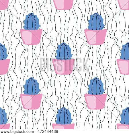 Cute Blue Cactuses In Pink Pots On Wavy Lines Background. Delicate Doodle Seamless Pattern For Home 