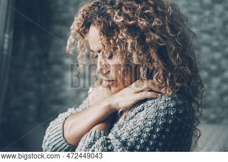 Loving Herself Concept Healthy Mindful Lifestyle. Mental Health. One Woman Hugging Her Body Alone At
