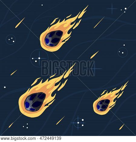 Flying Asteroid, Burning Comet On Background Of Night Sky. Astronomical Object With Tail Vector Desi
