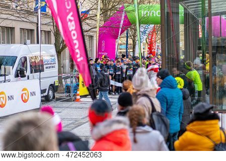 Ostrava, Czechia - 02.04.2023: Large Group Of People Of All Ages At The Start Of An Amateur Winter R