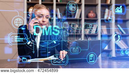 Businesswoman Working With Laptop And Phone, Double Exposure Hologram With Dms. Internet Technology 