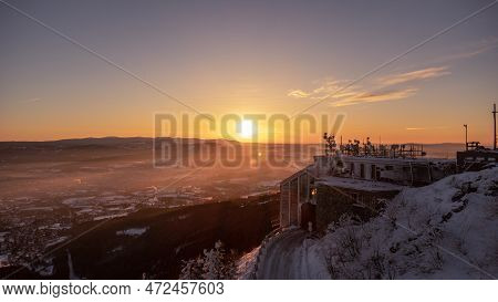 A Bird's Eye View Of Snow-covered Jested At Sunrise. Photographed On The Jested Ridge By Drone. Beau
