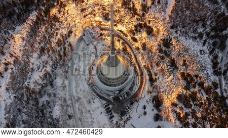 A Bird's Eye View Of Snow-covered Jested At Sunrise. Photographed On The Jested Ridge By Drone. Beau