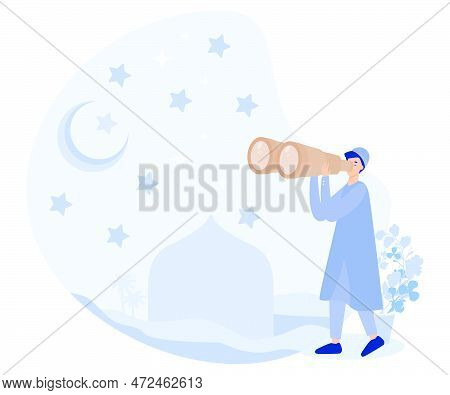 Muslim Person Looking For Hilal At Night Sky With Telescope, Starting Ramadan Fasting Month,  Flat V