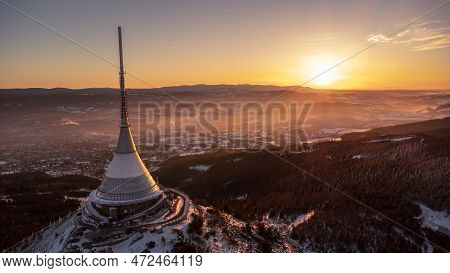 A Bird's Eye View Of Snow-covered Jested At Sunrise. Photographed On The Jested Ridge By Drone. Beau
