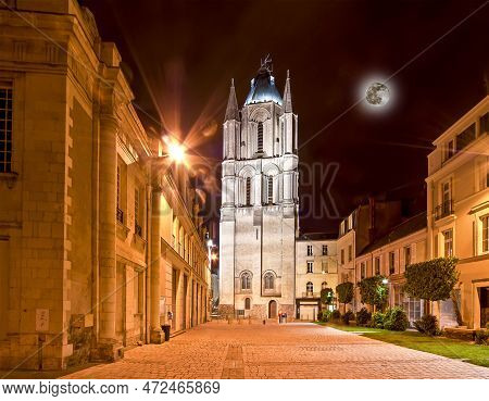 Saint-maurice Cathedral At Night (with The Moon), Angers In France