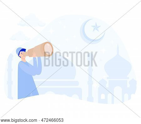 Muslim Searching The New Moon Or Hilal With Telescope, Signals Start Of The Islamic Holy Month Of Ra