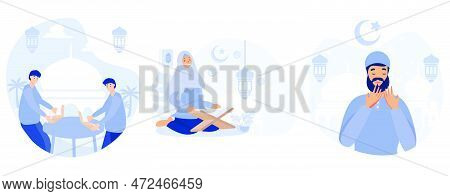 Learning The Quran Islamic Holy Book, Muslim People Prays In Ramadan Holy Month, Ramadan Kareem, Set