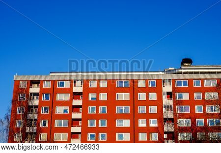 Low Angle View Of Building Against Clear Blue Sky