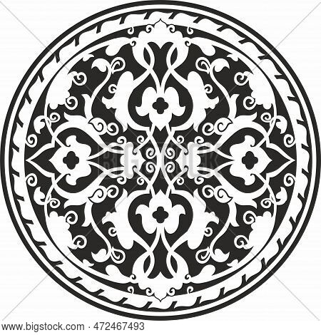 Vector Round Monochrome Arabic National Ornament. Endless Vegetablepattern Of Eastern Peoples Of Asi