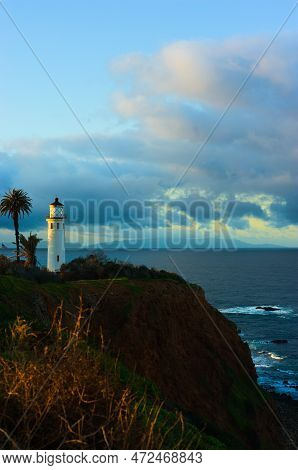 Sunrise Light Illuminates The Point Vincente Lighthouse Protecting The Southern California Coast In 