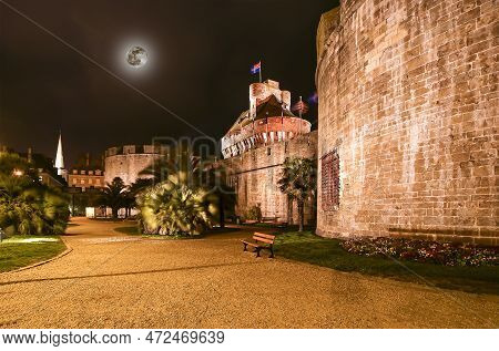 Saint-malo At Night (with The Moon)-- Is A Walled Port City In Brittany In Northwestern France On Th