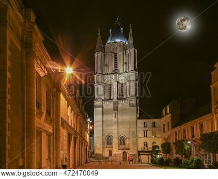 Saint-maurice Cathedral At Night (with The Moon), Angers In France