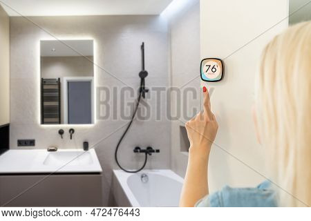 Smart Home Banner. Iot House Automation Domotics Panoramic. Technology Thermostat Device With App Ic