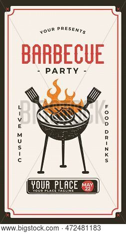 Barbecue Party Card Template. Bbq Grill Square Card For Social Media Marketing, Stories. Barbecue Po
