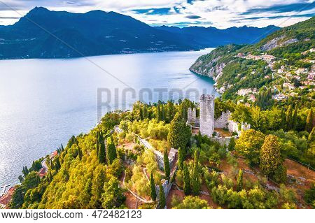 Castello Di Vezio Tower And Como Lake Aerial View, Lombardy Region Of Italy