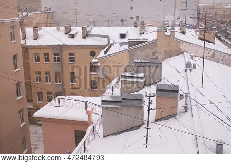 Traditional Old Houses, Roofs In The Snow, St. Petersburg