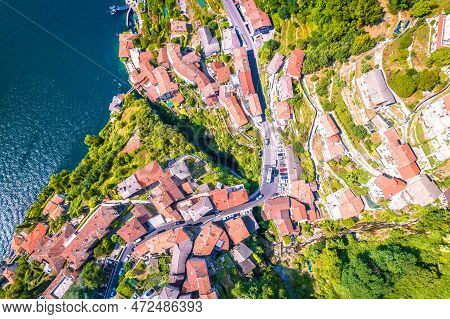 Town Of Nesso On Steep Cliffs And Creek Waterfall Gorge On Como Lake Aerial View, Lombardy Region Of