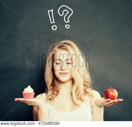 Woman With Healthy And Unhealthy Food And Queston Marks Above Her Head. Difficult Choice. Overweight