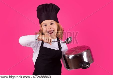 Fynny Kid Chef Cook With Cooking Pot And Ladle. Kid Chef Cook, Studio Portrait. Children Cooking. Ki