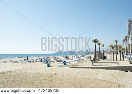 Benidorm, Spain - March 4, 2023: Low Season In Benidorm. View To Playa De Levante Beach Near Mediter