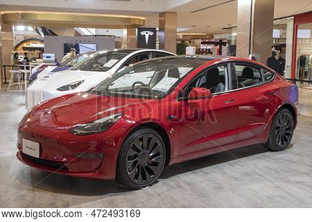 Bangkok, Thailand- 17 Feb, 2023: Tesla Electric Cars Display On The Showroom In The Shopping Mall, B
