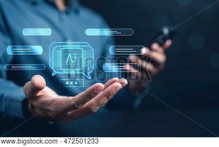 Businessman Using Chat Bot In Smartphone Intelligence Ai. Chat With Ai Artificial Intelligence, Deve