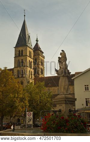 Esslingen Am Neckar. Germany. 24 September 2020. A Fountain In The City Center Next To The Münster S