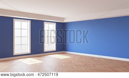 Interior With Blue Walls, Two Windows, White Ceiling And Cornice, Glossy Herringbone Parquet Floorin