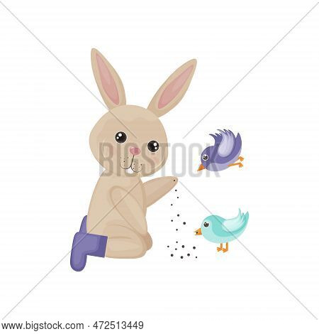 The Rabbit Feeds The Birds. A Cute Rabbit Feeds Two Birds With Food. Cute Children S Illustration Wi